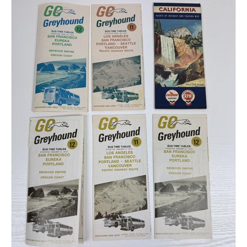 Vintage 60s-70s Travel Ephemera Lot Chevron Map Greyhound Bus West Coast Items